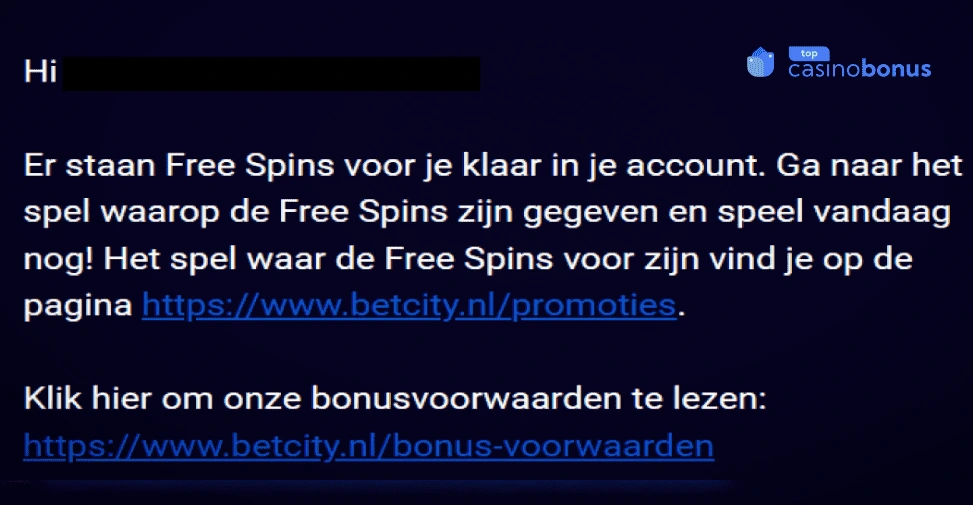 Email bevestiging freespins ontvangen Betcity