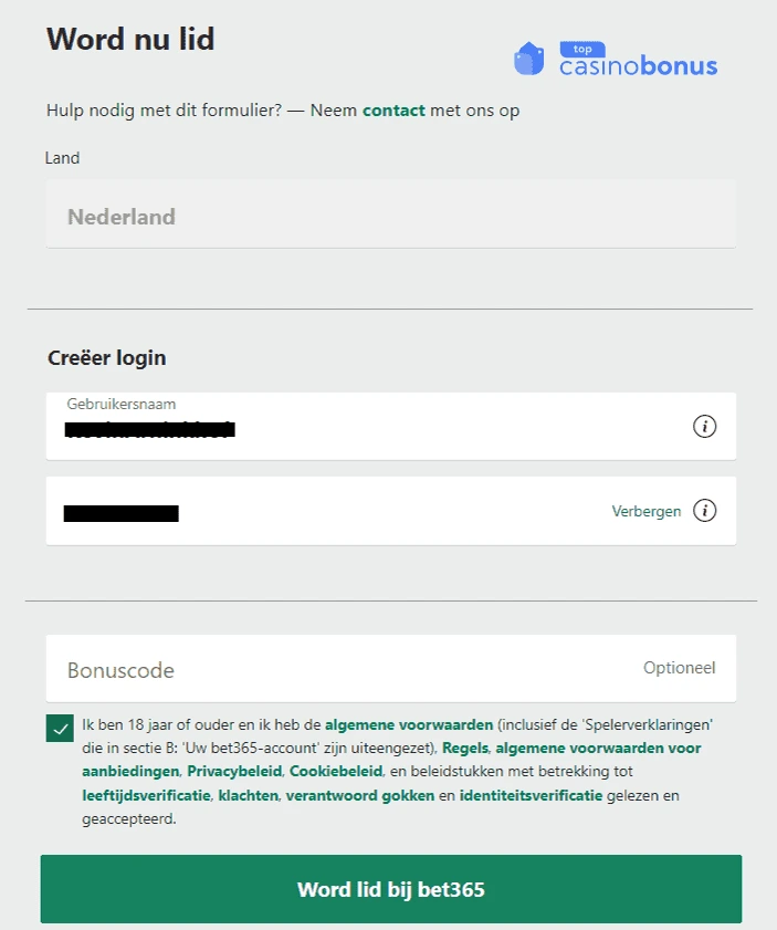 BET365 accountgegevens aanmaken bet365