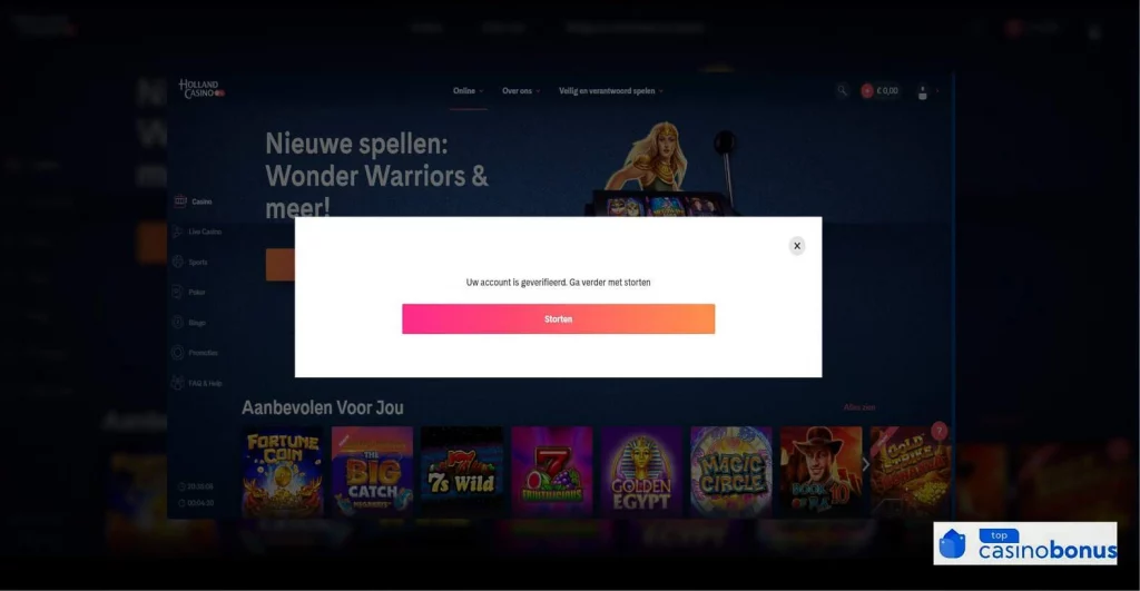 Holland Casino geld storten na verificatie pop up